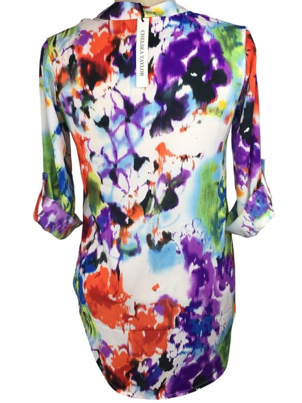 Chelsea Taylor Womens Top Small Watercolor V-neck Tab Sleeve Hi Low Hem Colorful - Picture 2 of 11